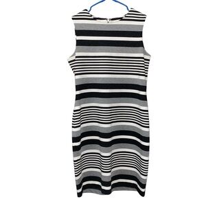 Calvin Klein Women's Black Gray White Stripe Sleeveless Sheath Dress Size 10